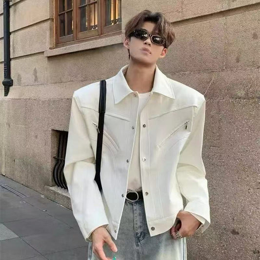 American short-length straight-shoulder leather jacket(Anchor development)